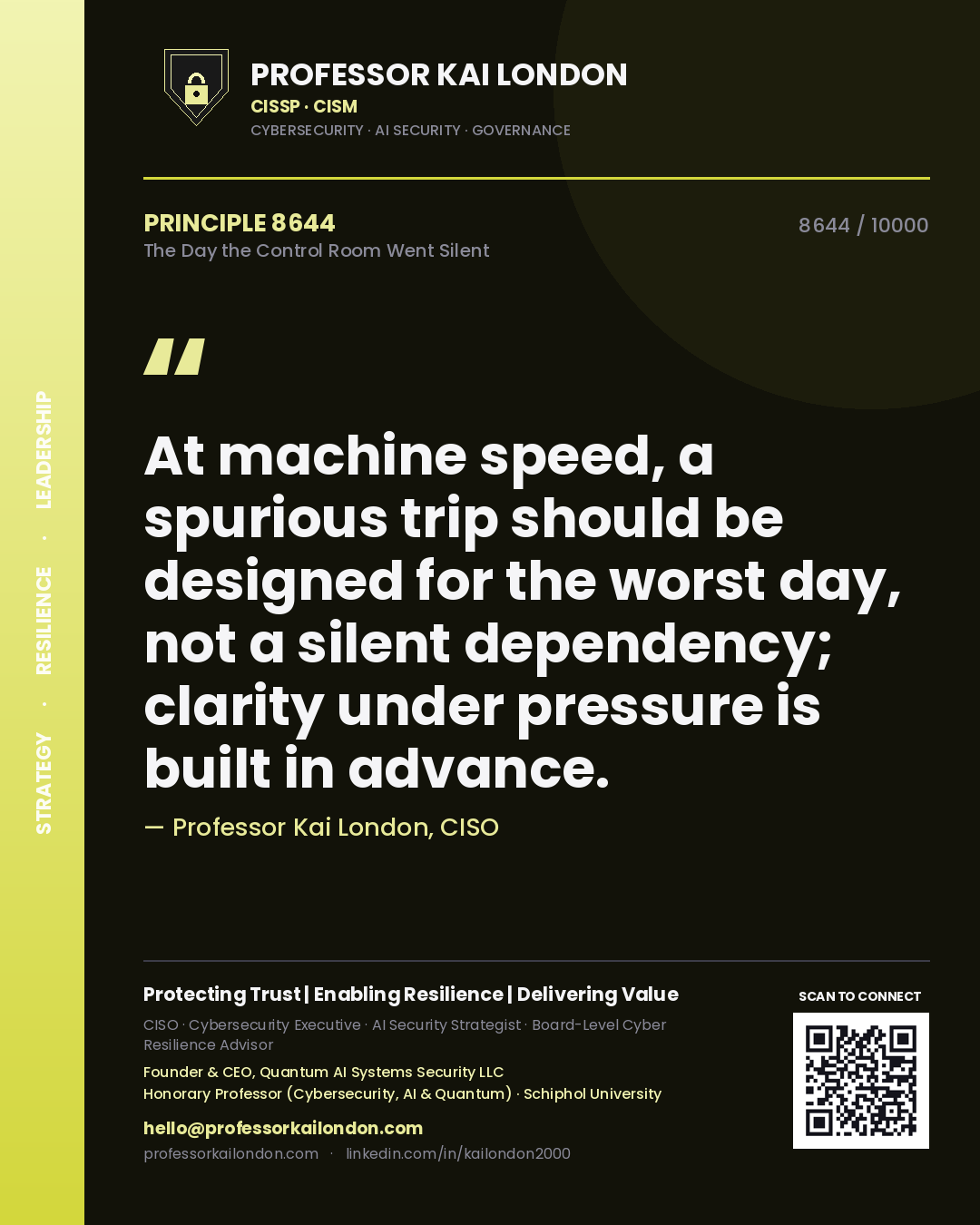Professor Kai London principle 8644: At machine speed, a spurious trip should be designed for the worst day, not a silent dependency; clarity under pressure is built in advance.