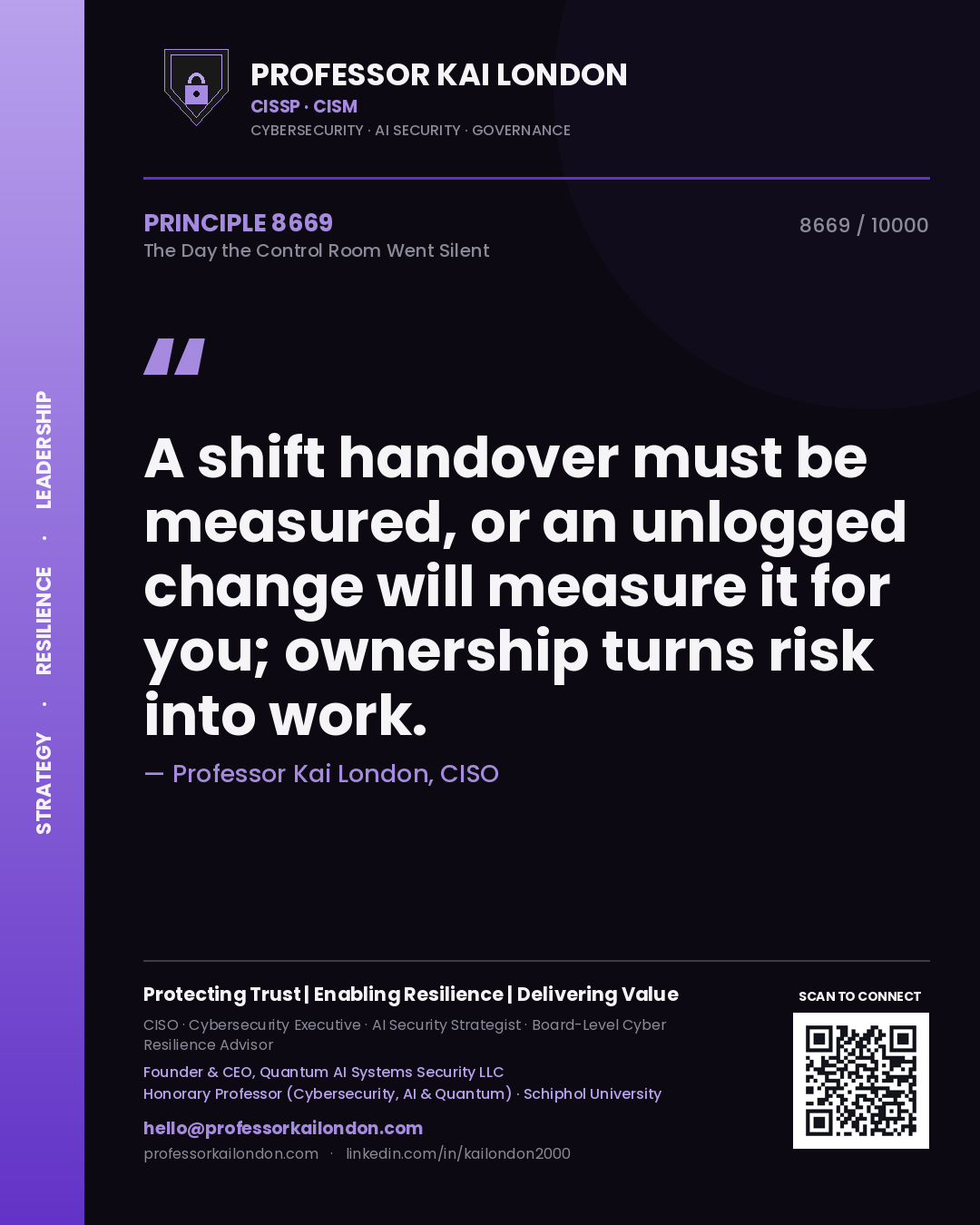 Professor Kai London principle 8669: A shift handover must be measured, or an unlogged change will measure it for you; ownership turns risk into work.
