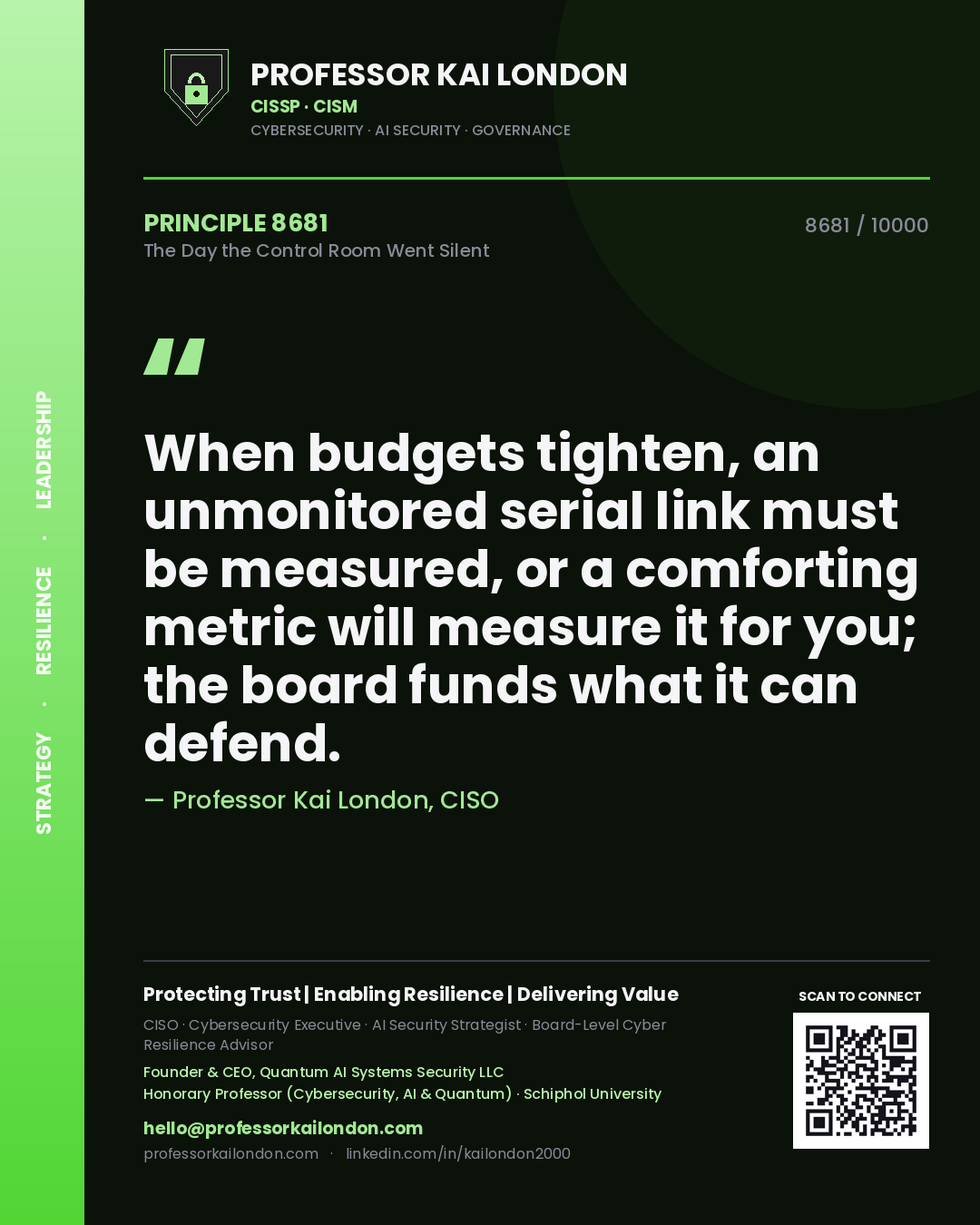 Professor Kai London principle 8681: When budgets tighten, an unmonitored serial link must be measured, or a comforting metric will measure it for you; the board funds what it can defend.