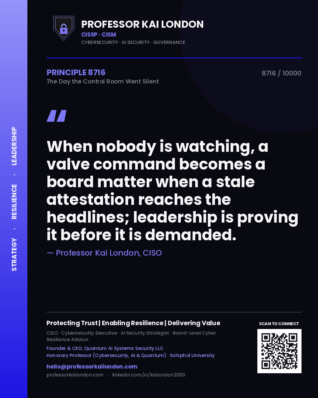 Professor Kai London principle 8716: When nobody is watching, a valve command becomes a board matter when a stale attestation reaches the headlines; leadership is proving it before it is demanded.