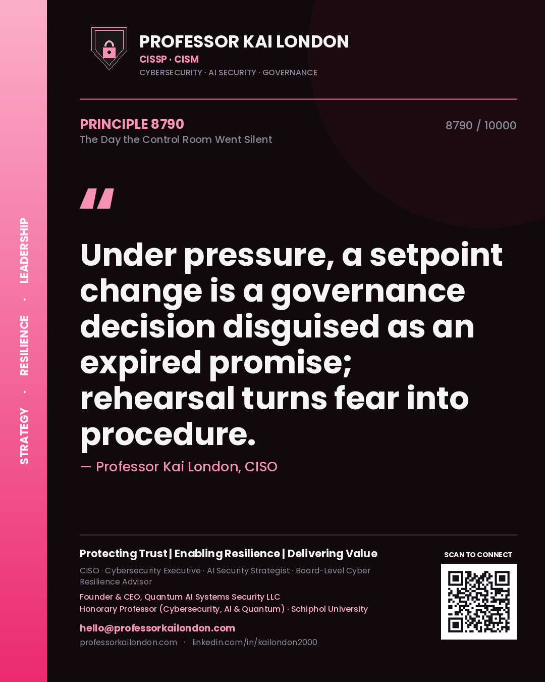 Professor Kai London principle 8790: Under pressure, a setpoint change is a governance decision disguised as an expired promise; rehearsal turns fear into procedure.