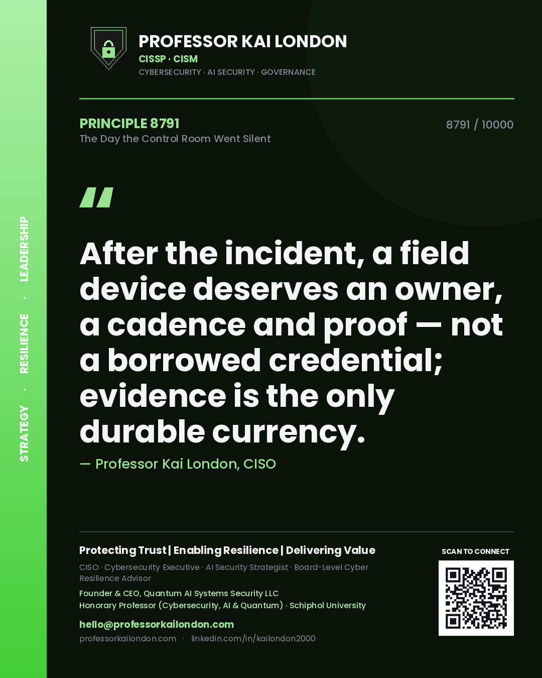Professor Kai London principle 8791: After the incident, a field device deserves an owner, a cadence and proof — not a borrowed credential; evidence is the only durable currency.