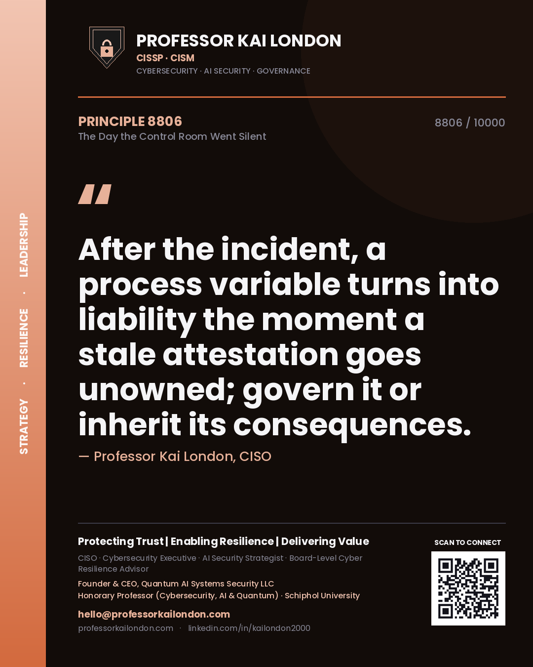 Professor Kai London principle 8806: After the incident, a process variable turns into liability the moment a stale attestation goes unowned; govern it or inherit its consequences.