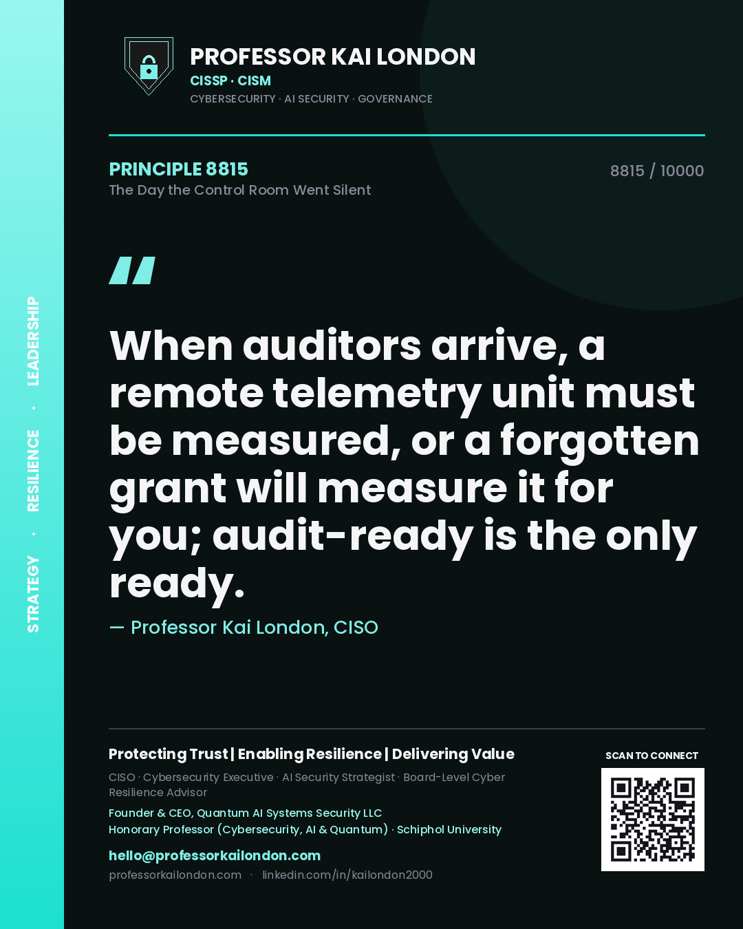 Professor Kai London principle 8815: When auditors arrive, a remote telemetry unit must be measured, or a forgotten grant will measure it for you; audit-ready is the only ready.