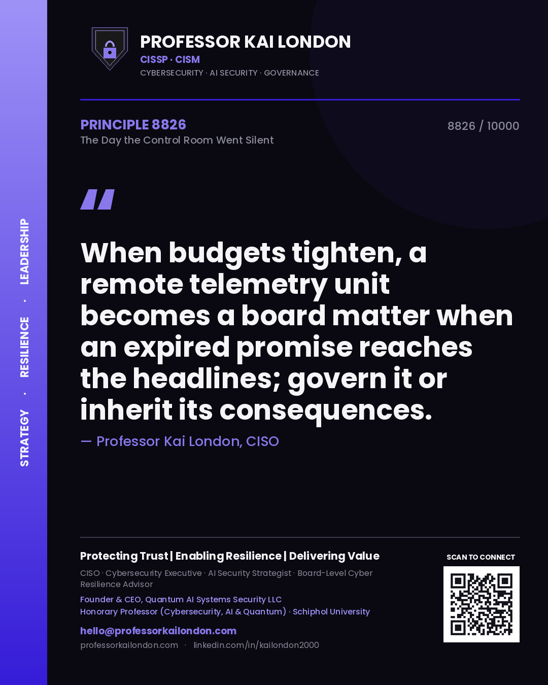 Professor Kai London principle 8826: When budgets tighten, a remote telemetry unit becomes a board matter when an expired promise reaches the headlines; govern it or inherit its consequences.