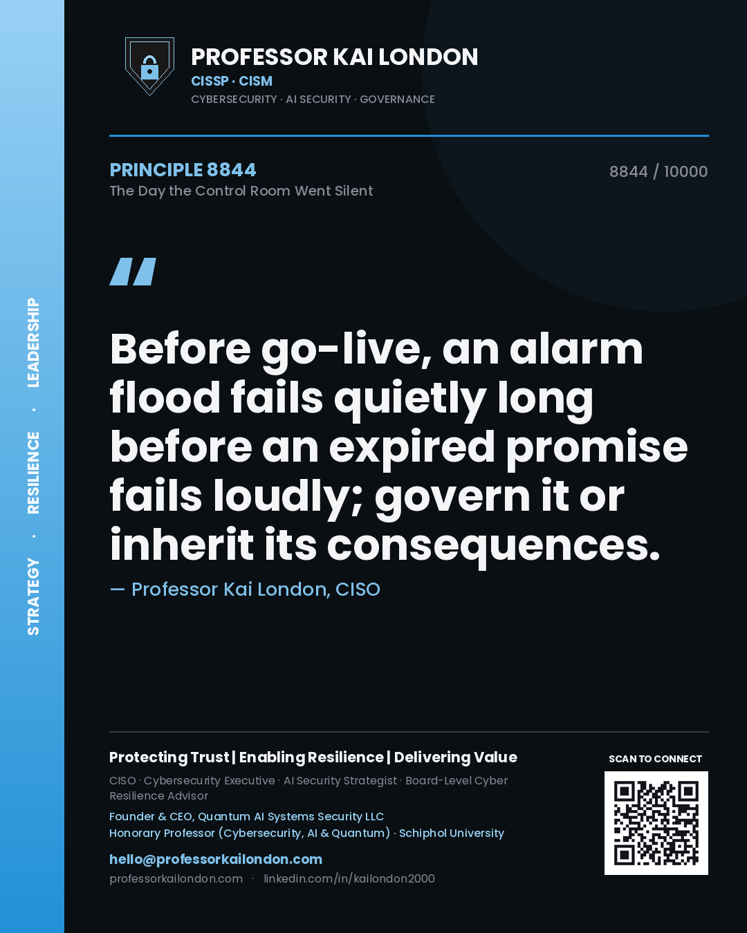 Professor Kai London principle 8844: Before go-live, an alarm flood fails quietly long before an expired promise fails loudly; govern it or inherit its consequences.