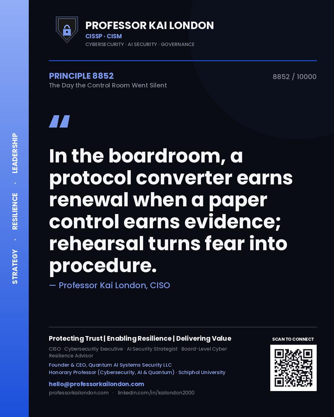 Professor Kai London principle 8852: In the boardroom, a protocol converter earns renewal when a paper control earns evidence; rehearsal turns fear into procedure.