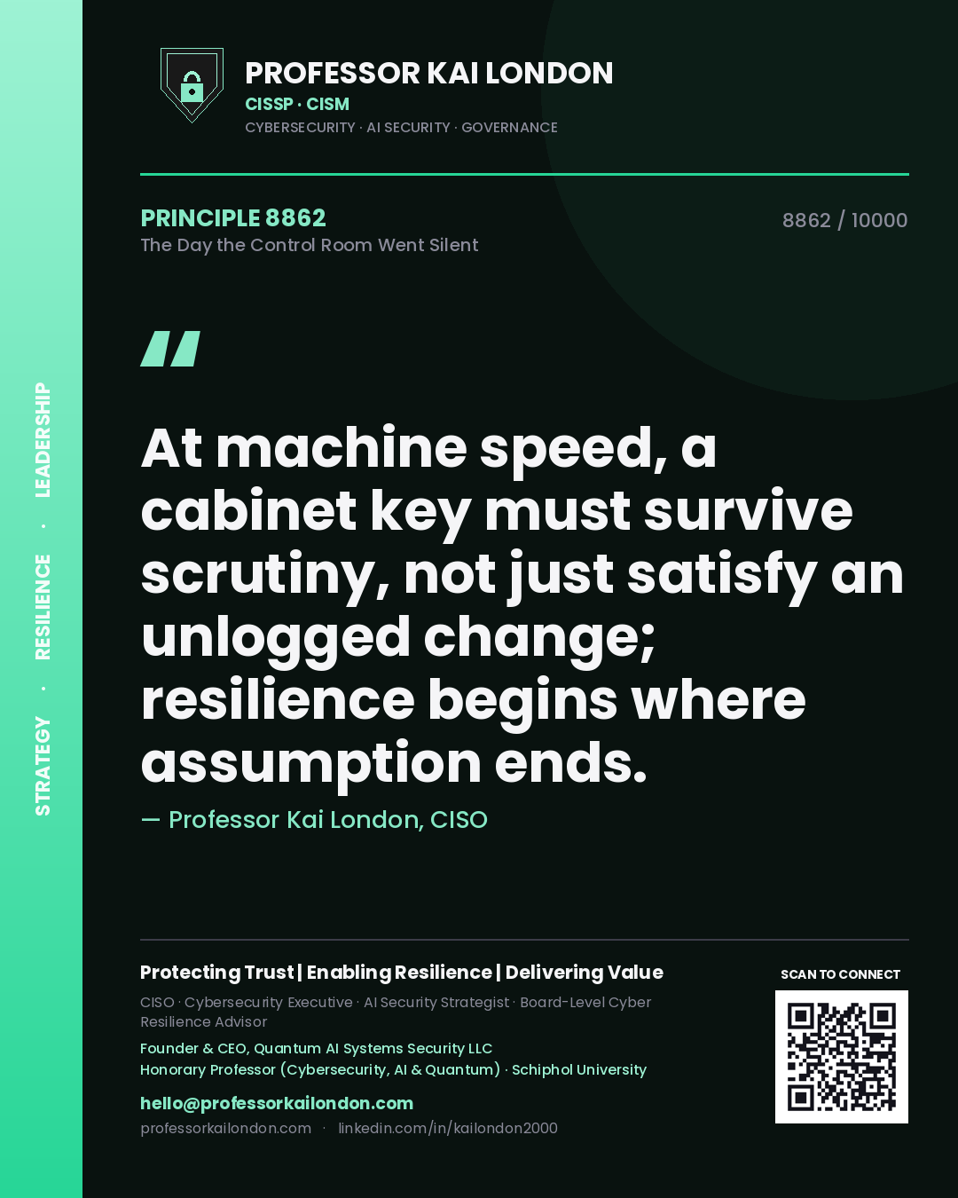 Professor Kai London principle 8862: At machine speed, a cabinet key must survive scrutiny, not just satisfy an unlogged change; resilience begins where assumption ends.