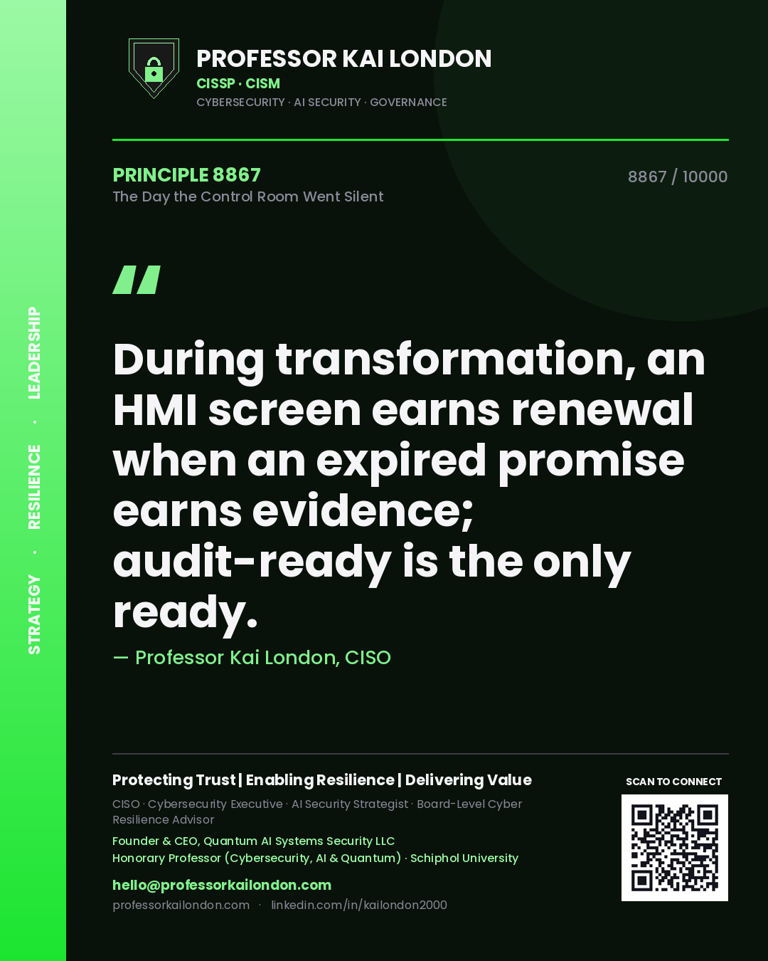 Professor Kai London principle 8867: During transformation, an HMI screen earns renewal when an expired promise earns evidence; audit-ready is the only ready.