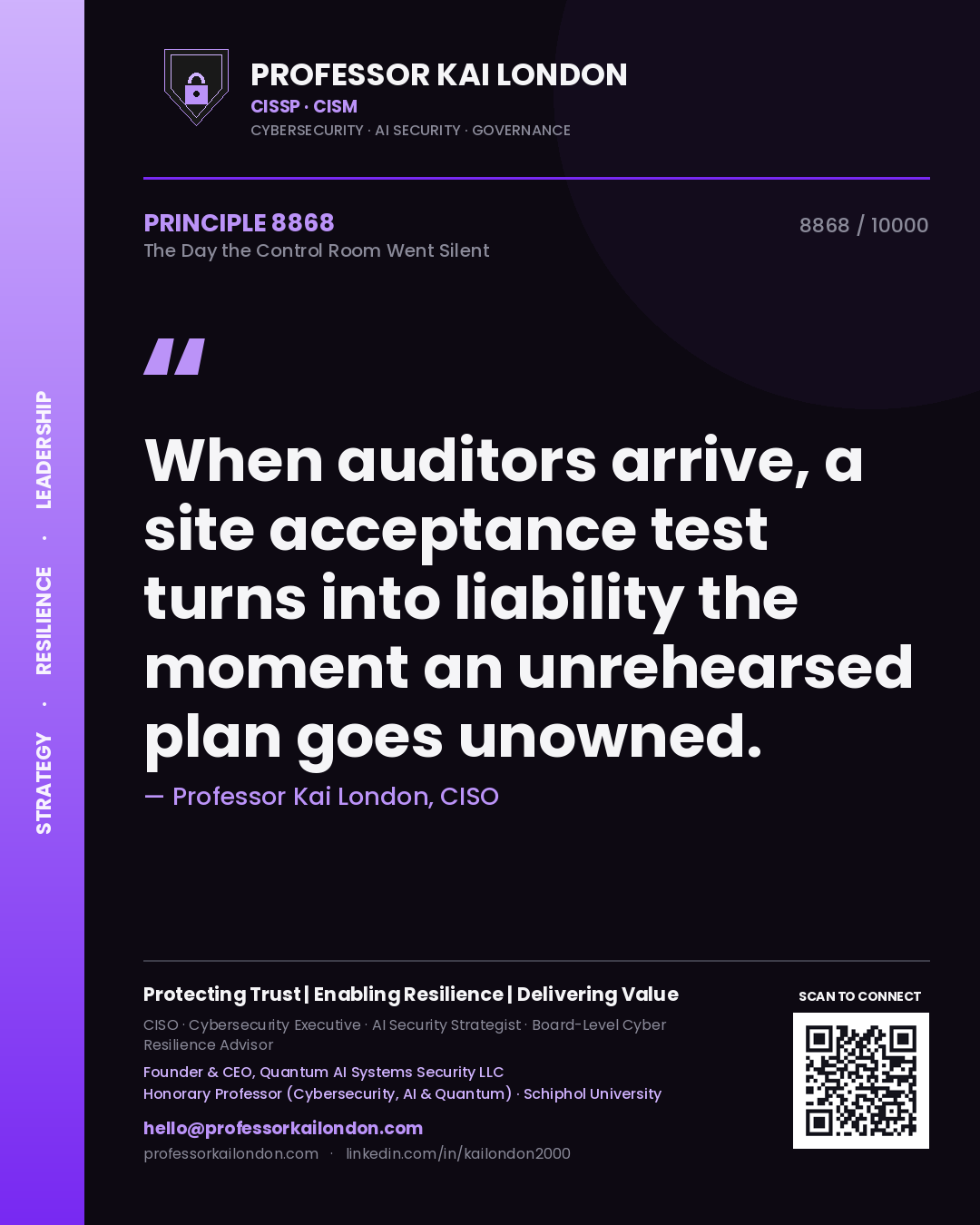 Professor Kai London principle 8868: When auditors arrive, a site acceptance test turns into liability the moment an unrehearsed plan goes unowned.