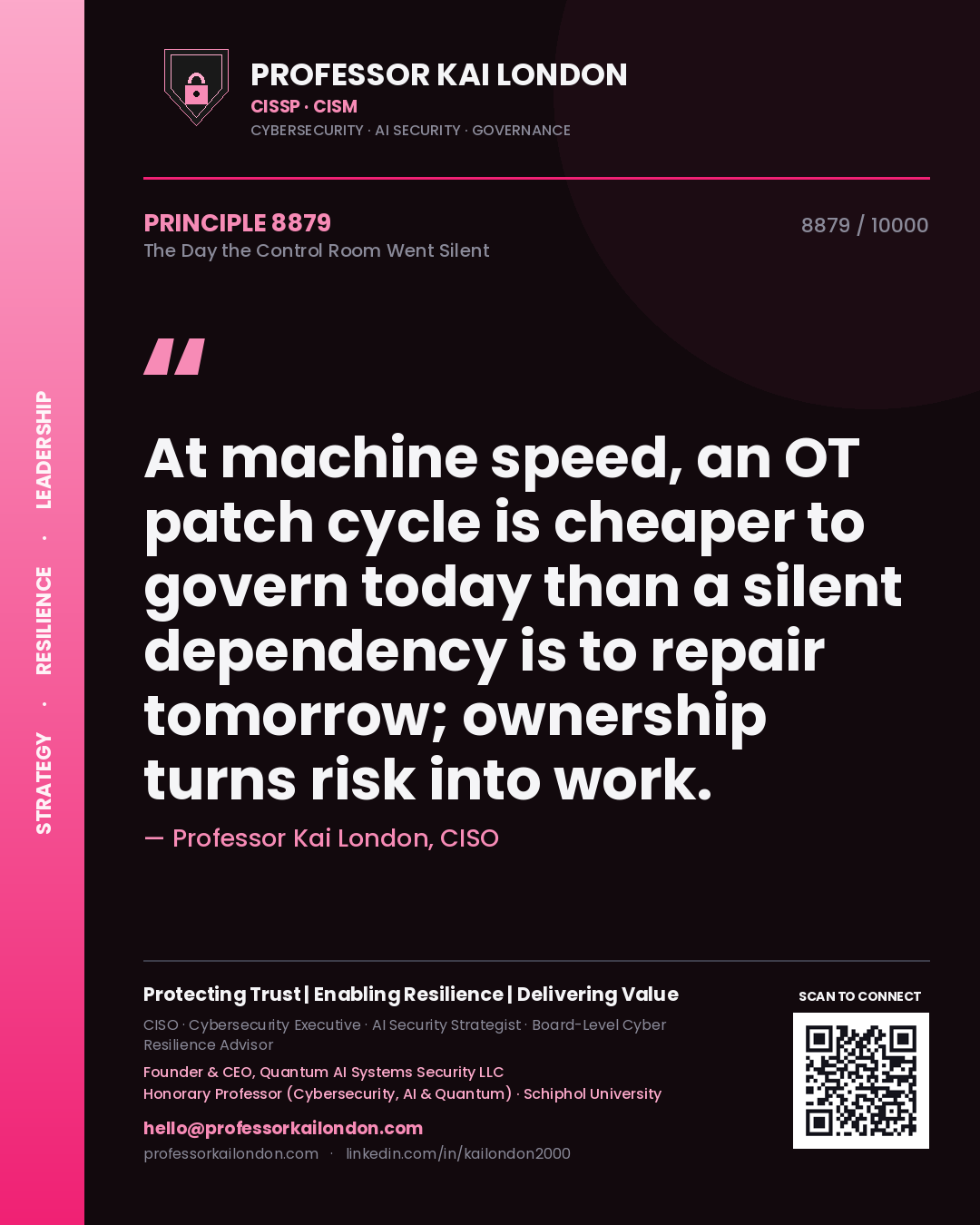 Professor Kai London principle 8879: At machine speed, an OT patch cycle is cheaper to govern today than a silent dependency is to repair tomorrow; ownership turns risk into work.