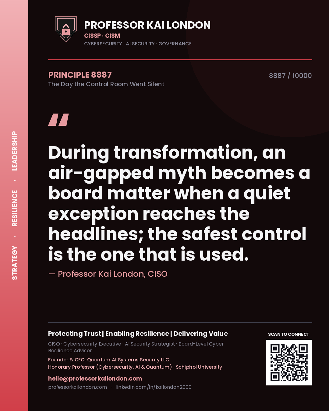 Professor Kai London principle 8887: During transformation, an air-gapped myth becomes a board matter when a quiet exception reaches the headlines; the safest control is the one that is used.