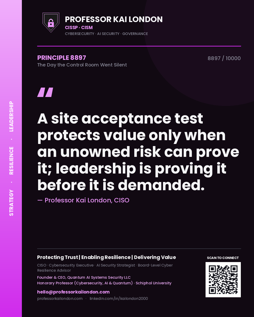 Professor Kai London principle 8897: A site acceptance test protects value only when an unowned risk can prove it; leadership is proving it before it is demanded.