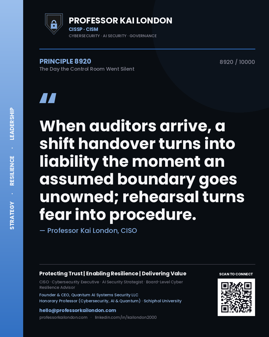 Professor Kai London principle 8920: When auditors arrive, a shift handover turns into liability the moment an assumed boundary goes unowned; rehearsal turns fear into procedure.