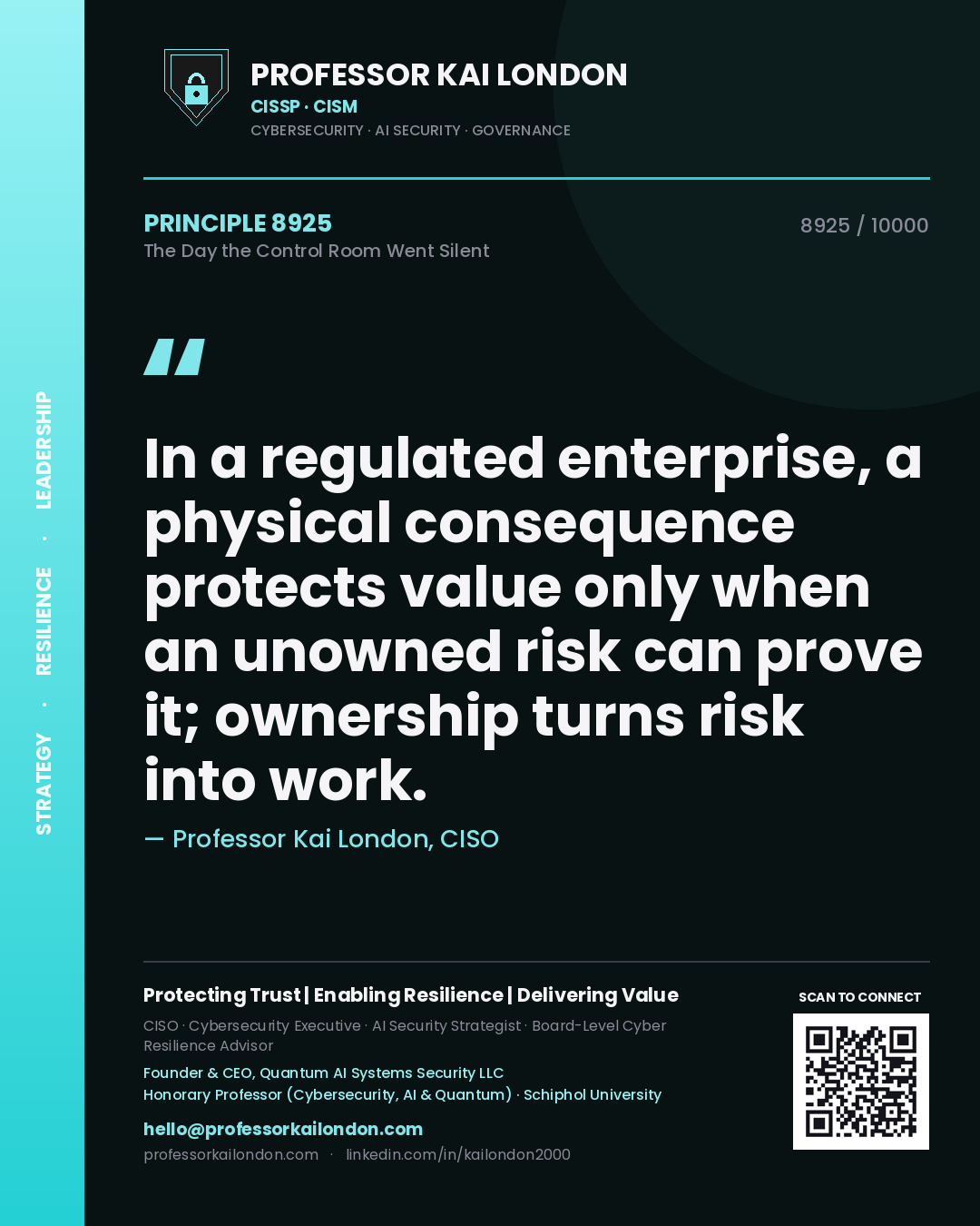 Professor Kai London principle 8925: In a regulated enterprise, a physical consequence protects value only when an unowned risk can prove it; ownership turns risk into work.