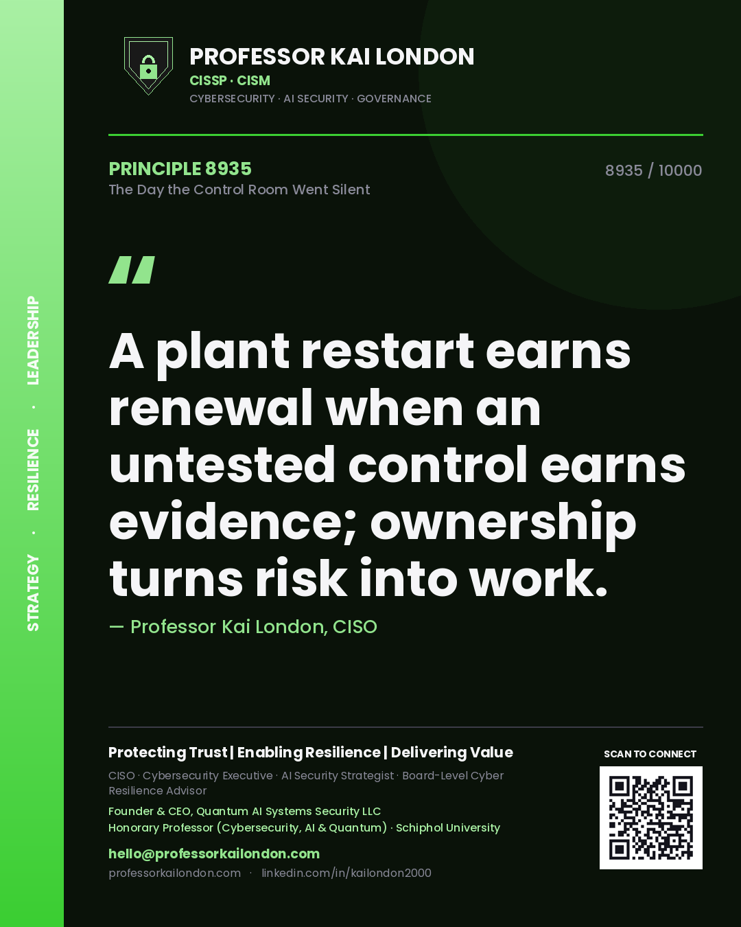 Professor Kai London principle 8935: A plant restart earns renewal when an untested control earns evidence; ownership turns risk into work.
