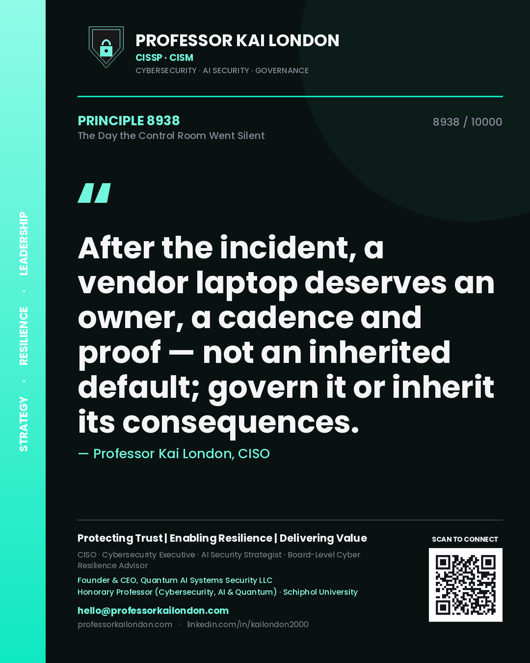 Professor Kai London principle 8938: After the incident, a vendor laptop deserves an owner, a cadence and proof — not an inherited default; govern it or inherit its consequences.
