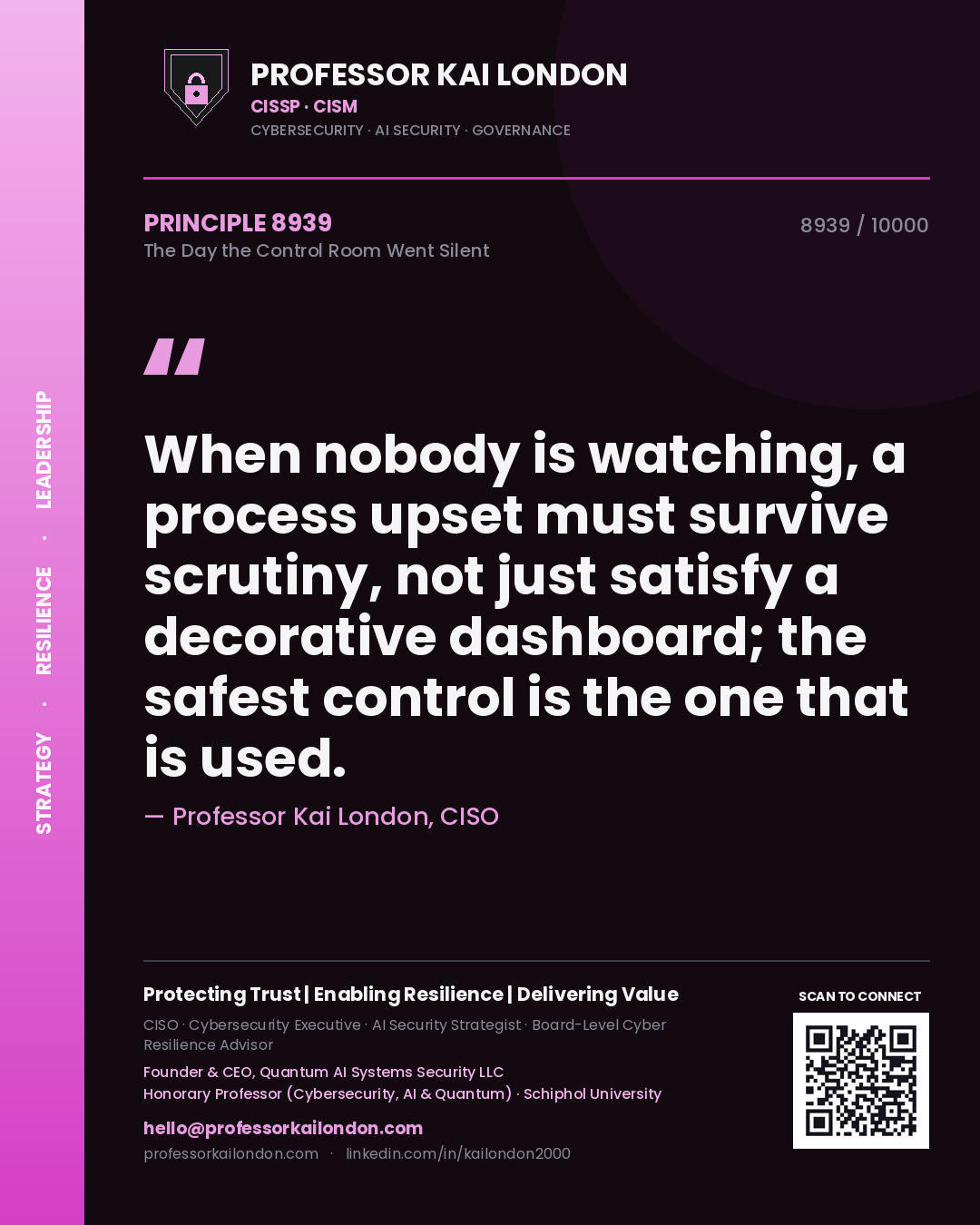 Professor Kai London principle 8939: When nobody is watching, a process upset must survive scrutiny, not just satisfy a decorative dashboard; the safest control is the one that is used.