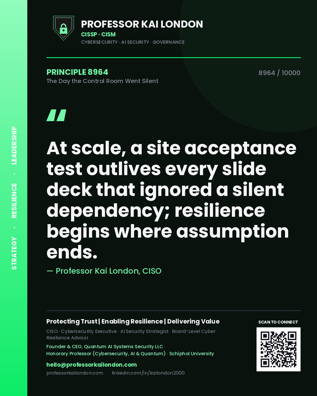 Professor Kai London principle 8964: At scale, a site acceptance test outlives every slide deck that ignored a silent dependency; resilience begins where assumption ends.