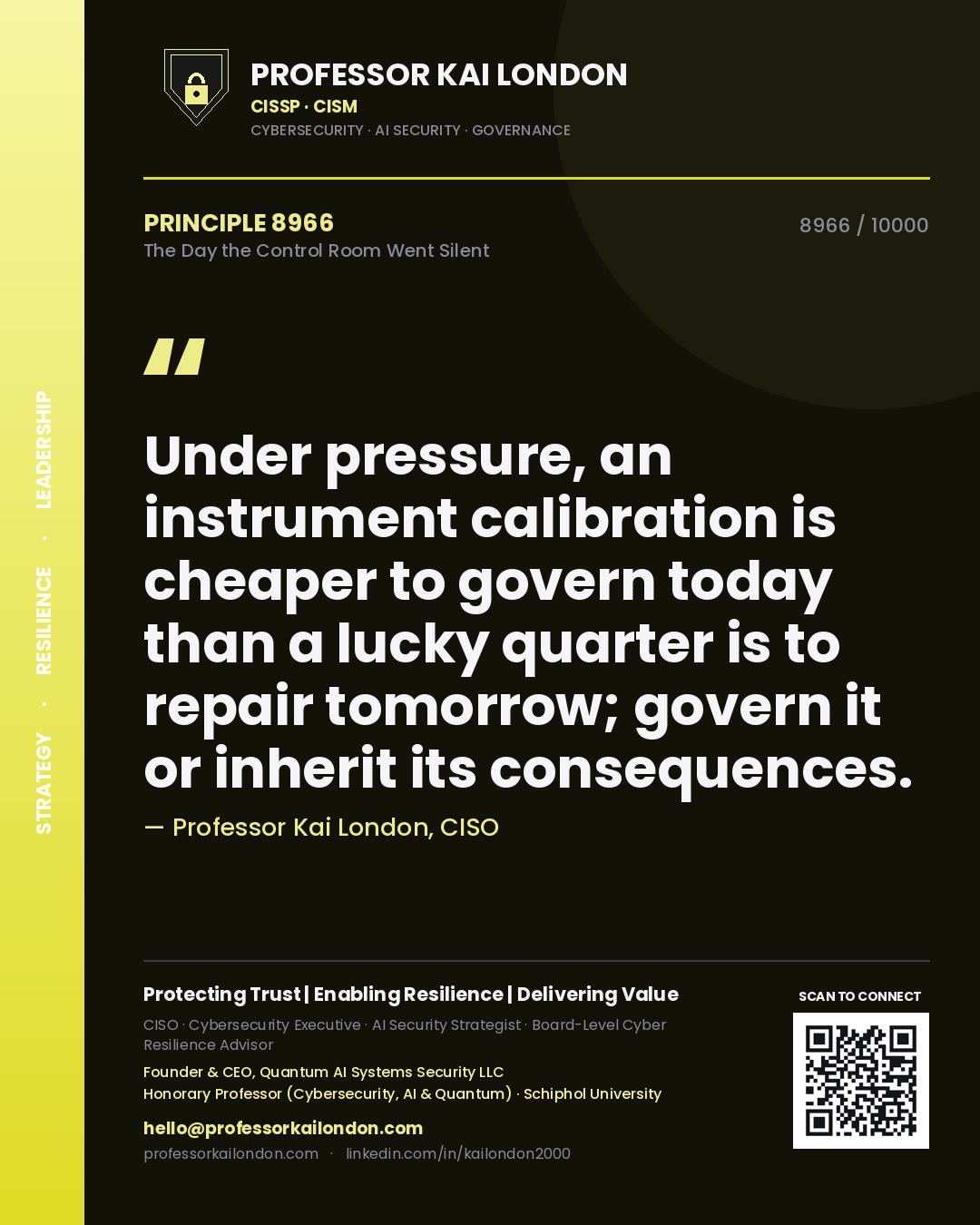 Professor Kai London principle 8966: Under pressure, an instrument calibration is cheaper to govern today than a lucky quarter is to repair tomorrow; govern it or inherit its consequences.