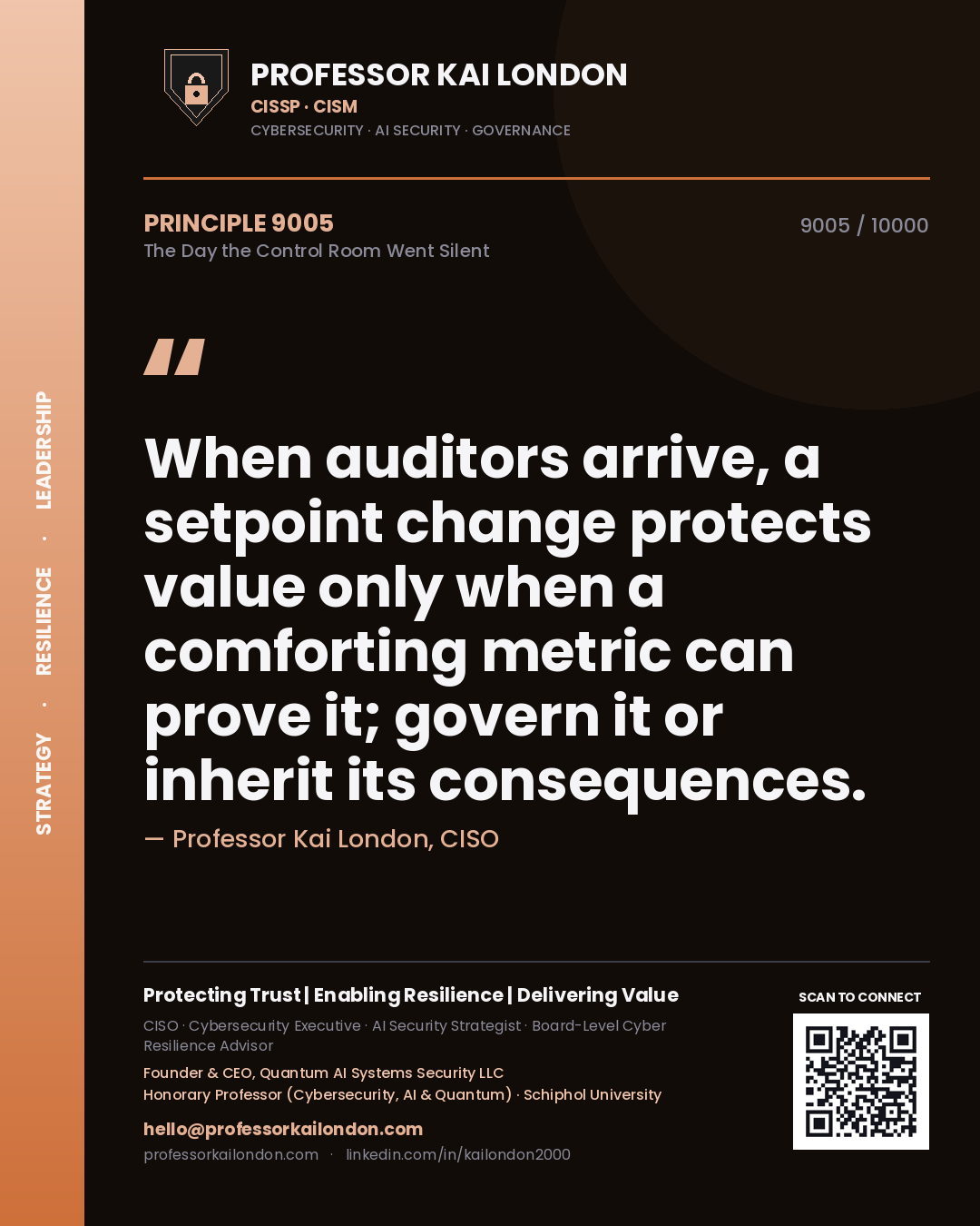 Professor Kai London principle 9005: When auditors arrive, a setpoint change protects value only when a comforting metric can prove it; govern it or inherit its consequences.