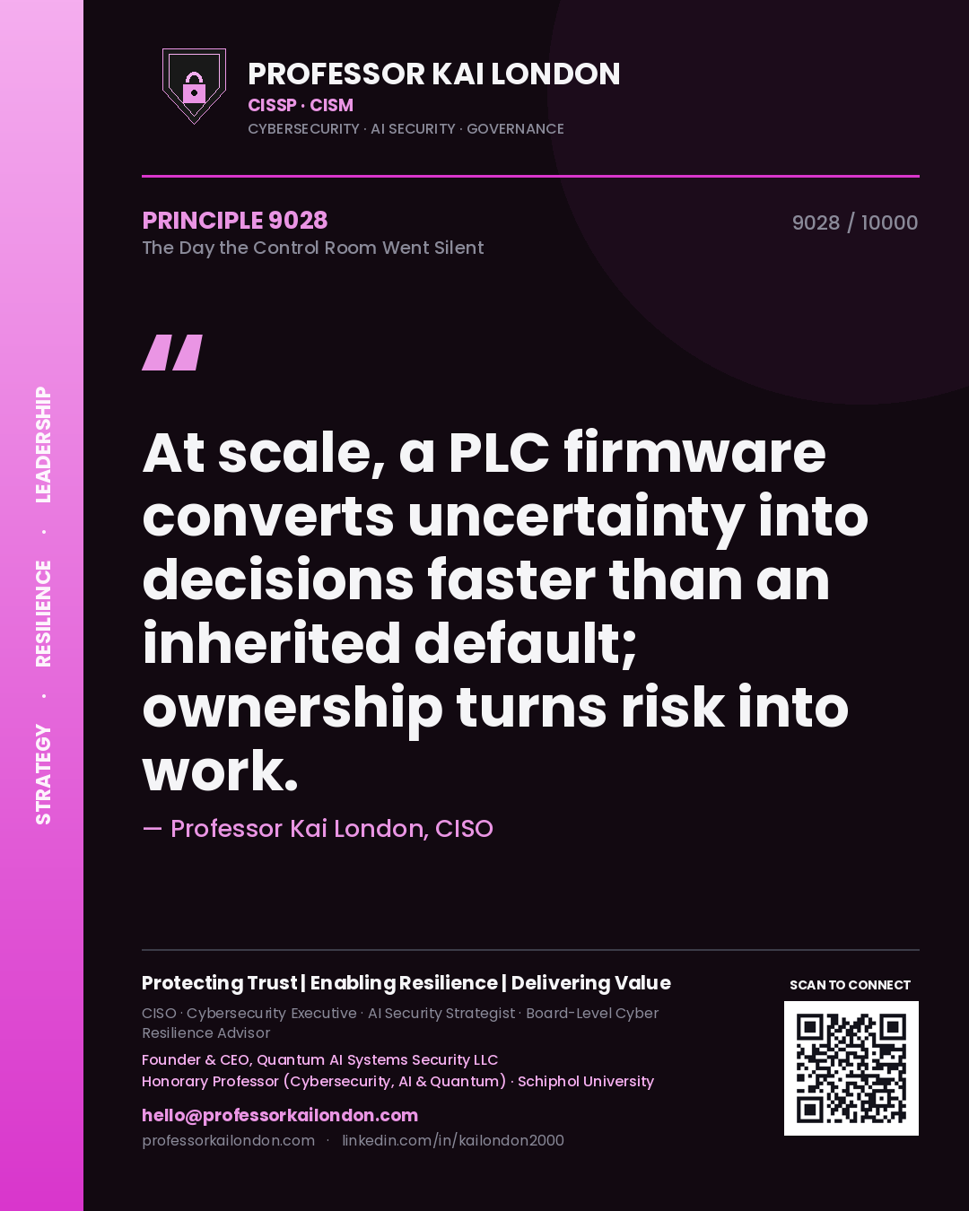 Professor Kai London principle 9028: At scale, a PLC firmware converts uncertainty into decisions faster than an inherited default; ownership turns risk into work.