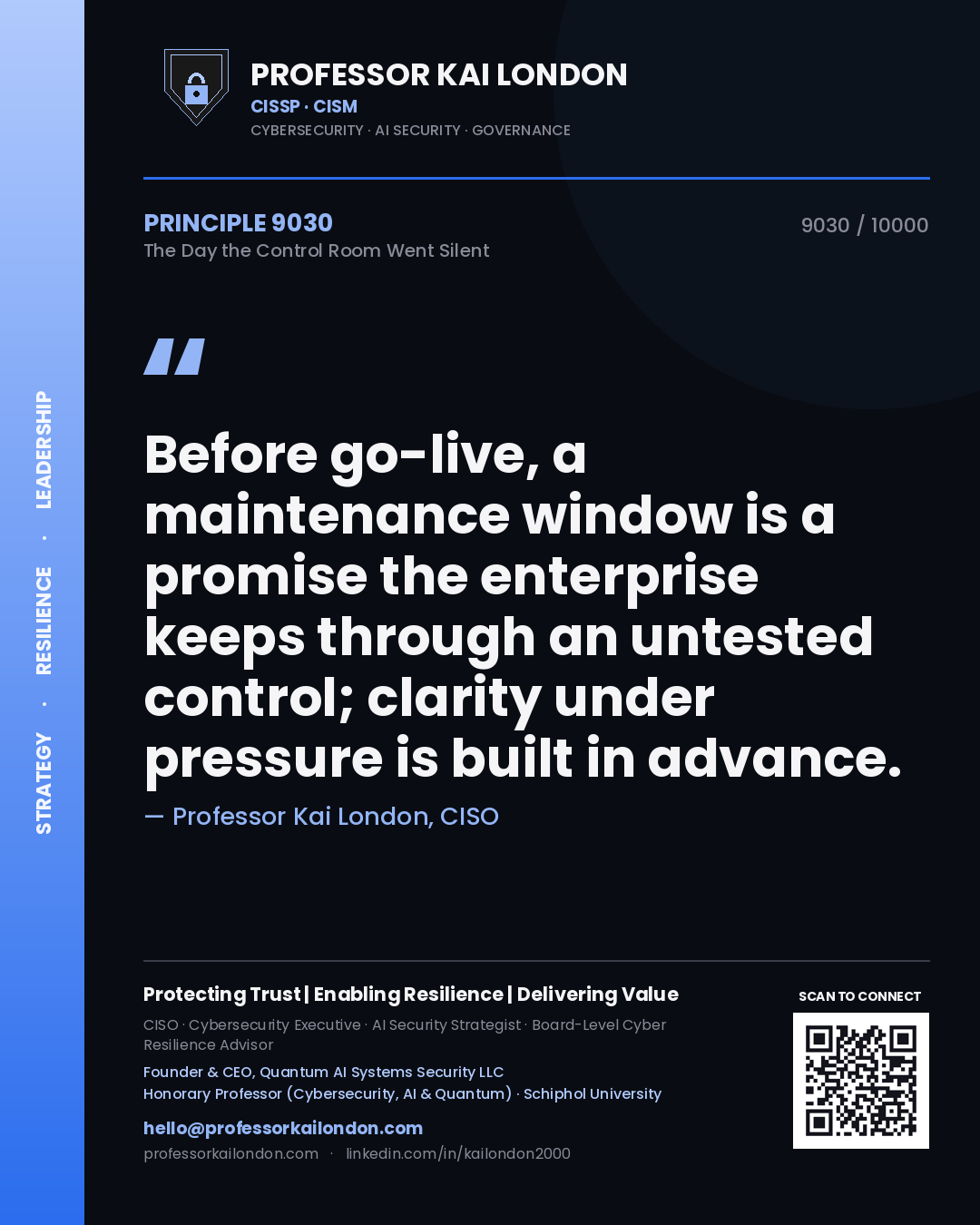 Professor Kai London principle 9030: Before go-live, a maintenance window is a promise the enterprise keeps through an untested control; clarity under pressure is built in advance.