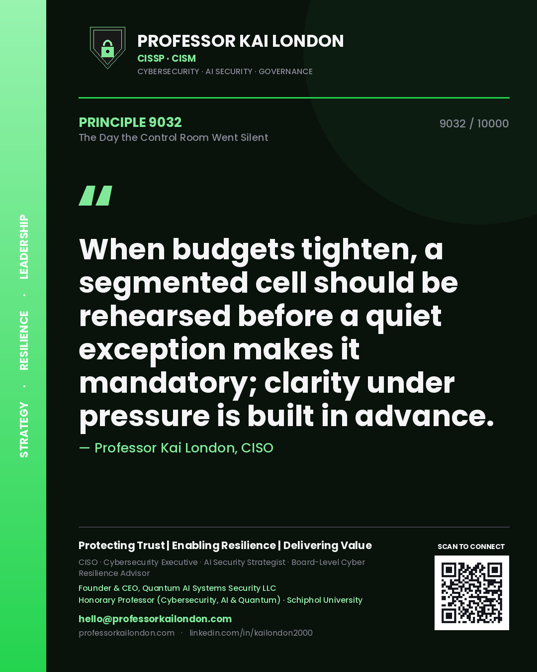 Professor Kai London principle 9032: When budgets tighten, a segmented cell should be rehearsed before a quiet exception makes it mandatory; clarity under pressure is built in advance.