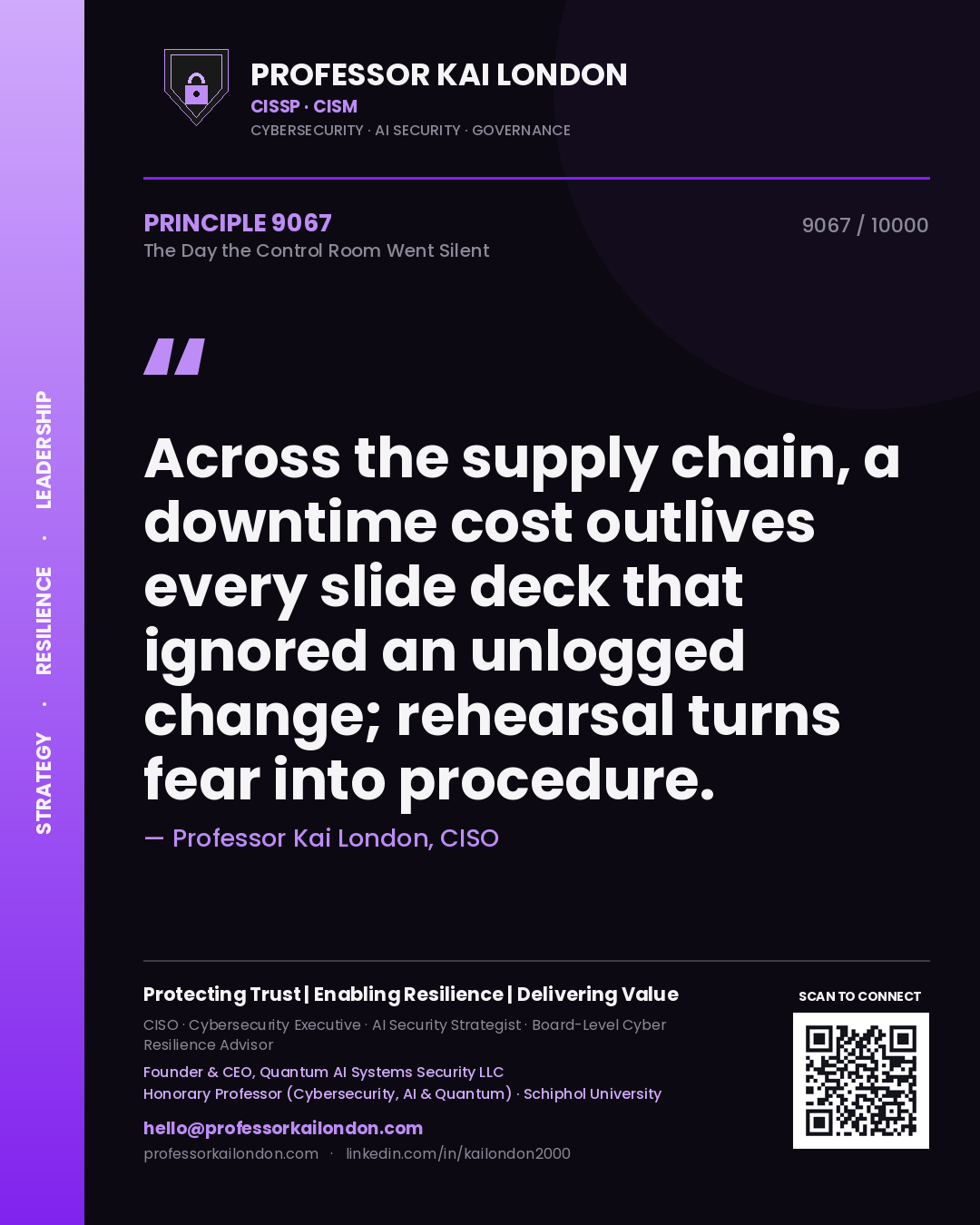 Professor Kai London principle 9067: Across the supply chain, a downtime cost outlives every slide deck that ignored an unlogged change; rehearsal turns fear into procedure.