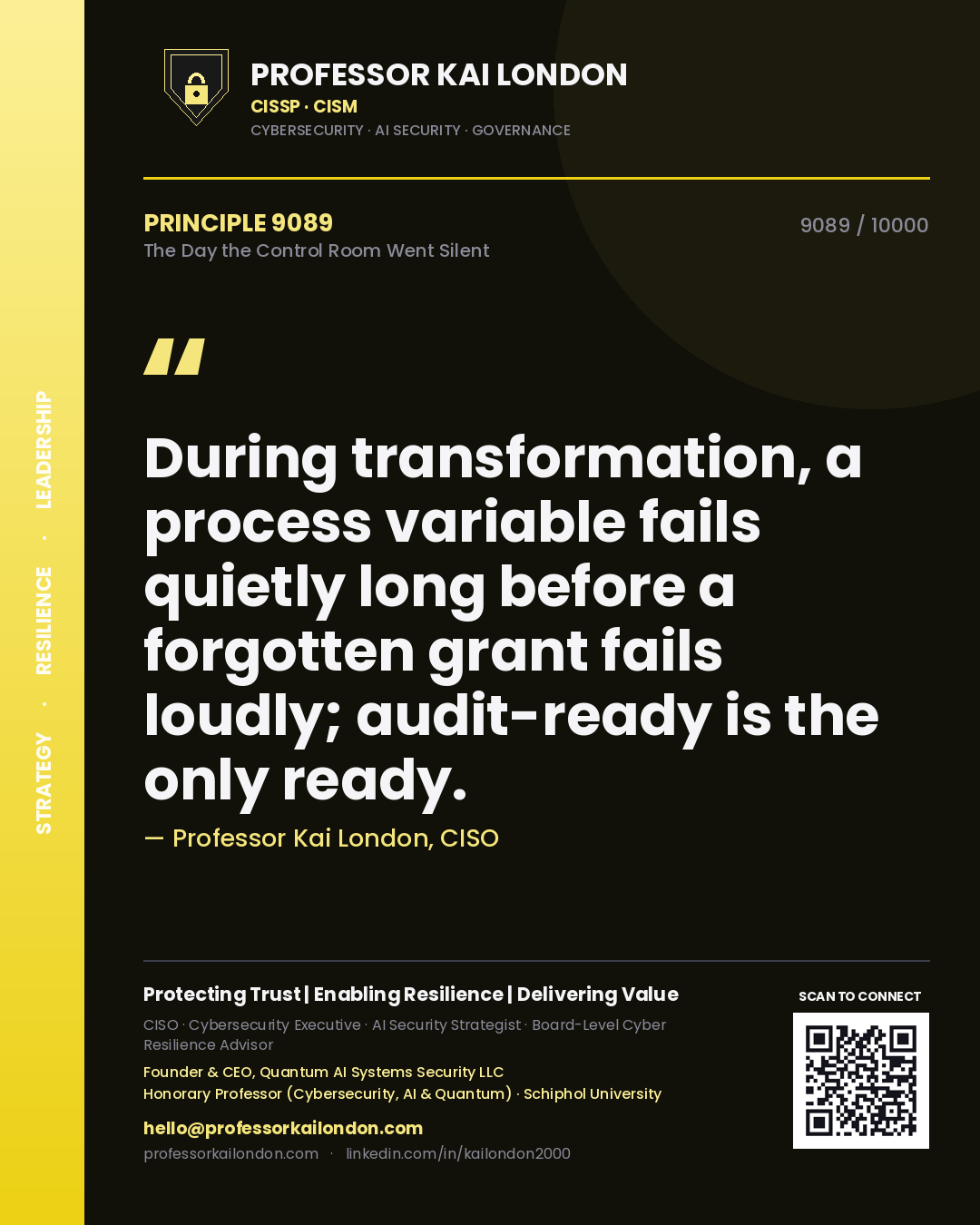 Professor Kai London principle 9089: During transformation, a process variable fails quietly long before a forgotten grant fails loudly; audit-ready is the only ready.
