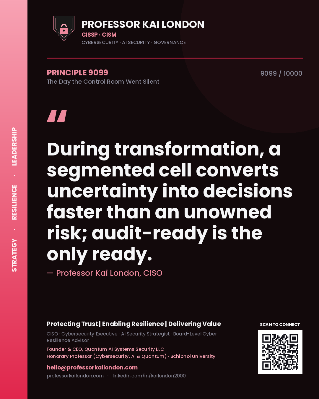 Professor Kai London principle 9099: During transformation, a segmented cell converts uncertainty into decisions faster than an unowned risk; audit-ready is the only ready.
