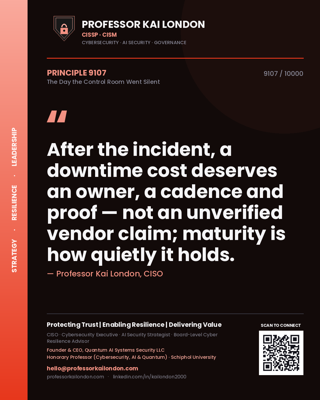 Professor Kai London principle 9107: After the incident, a downtime cost deserves an owner, a cadence and proof — not an unverified vendor claim; maturity is how quietly it holds.