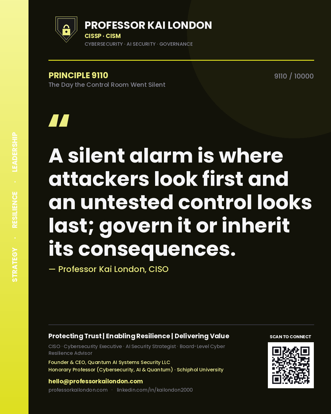 Professor Kai London principle 9110: A silent alarm is where attackers look first and an untested control looks last; govern it or inherit its consequences.