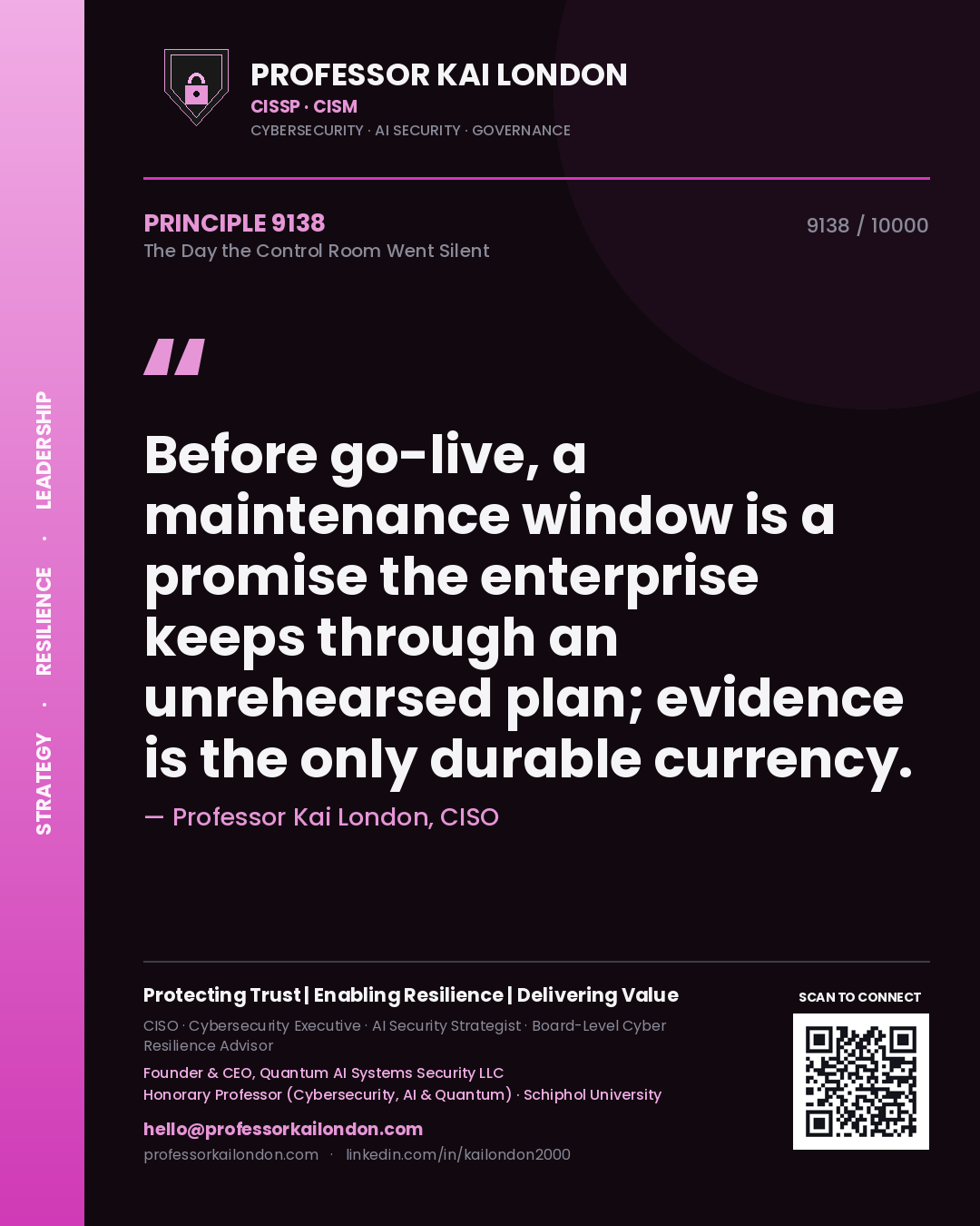 Professor Kai London principle 9138: Before go-live, a maintenance window is a promise the enterprise keeps through an unrehearsed plan; evidence is the only durable currency.