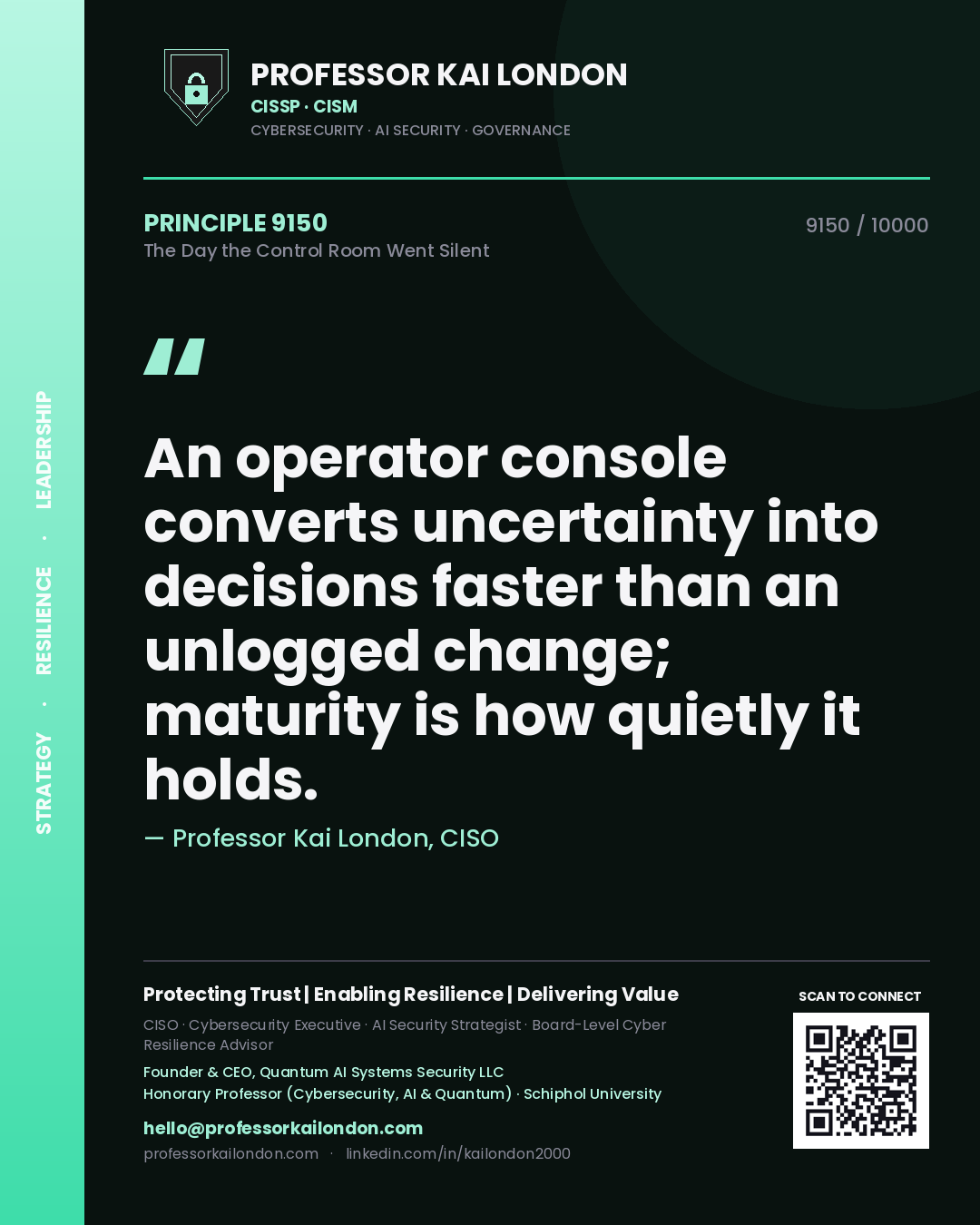 Professor Kai London principle 9150: An operator console converts uncertainty into decisions faster than an unlogged change; maturity is how quietly it holds.