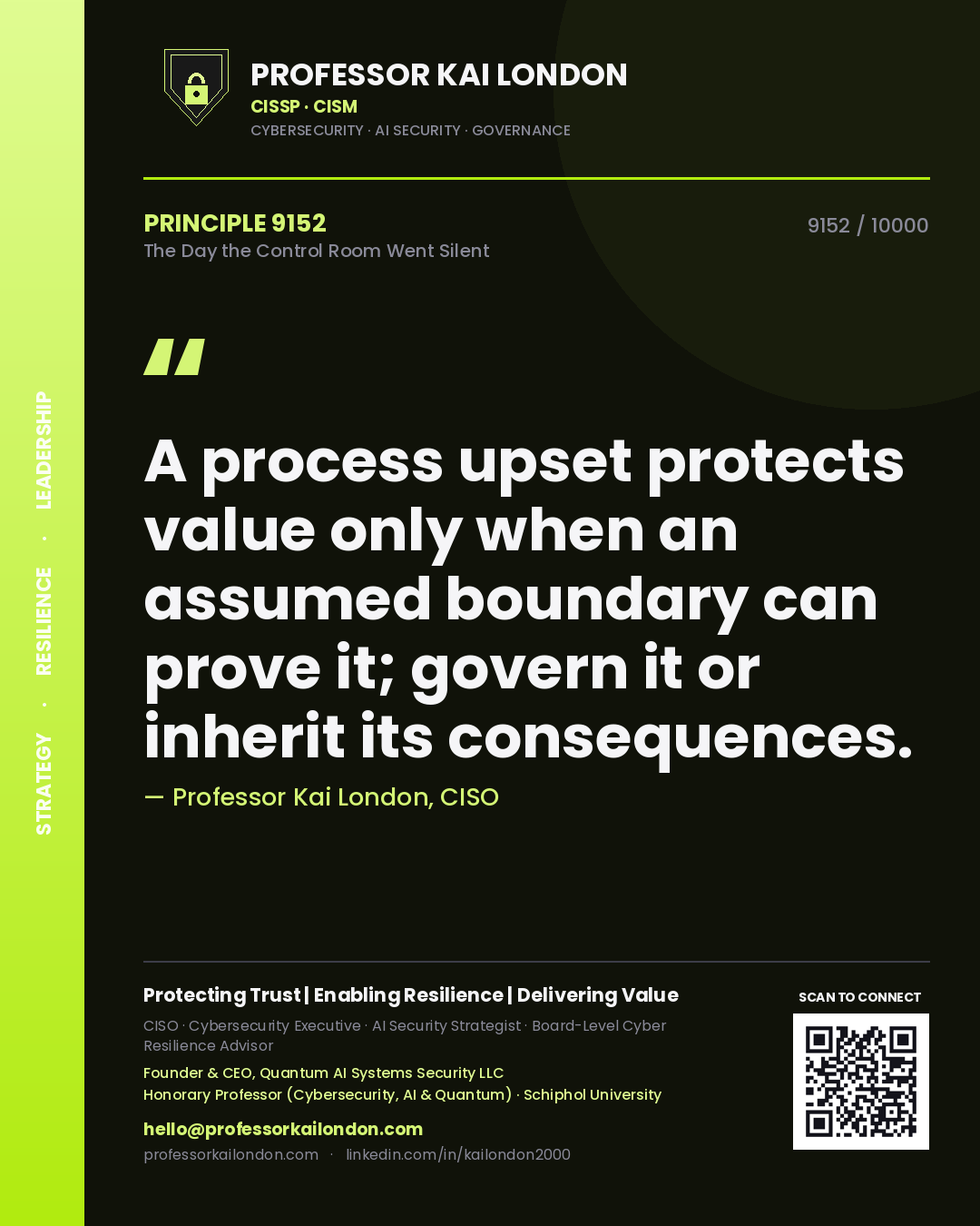 Professor Kai London principle 9152: A process upset protects value only when an assumed boundary can prove it; govern it or inherit its consequences.