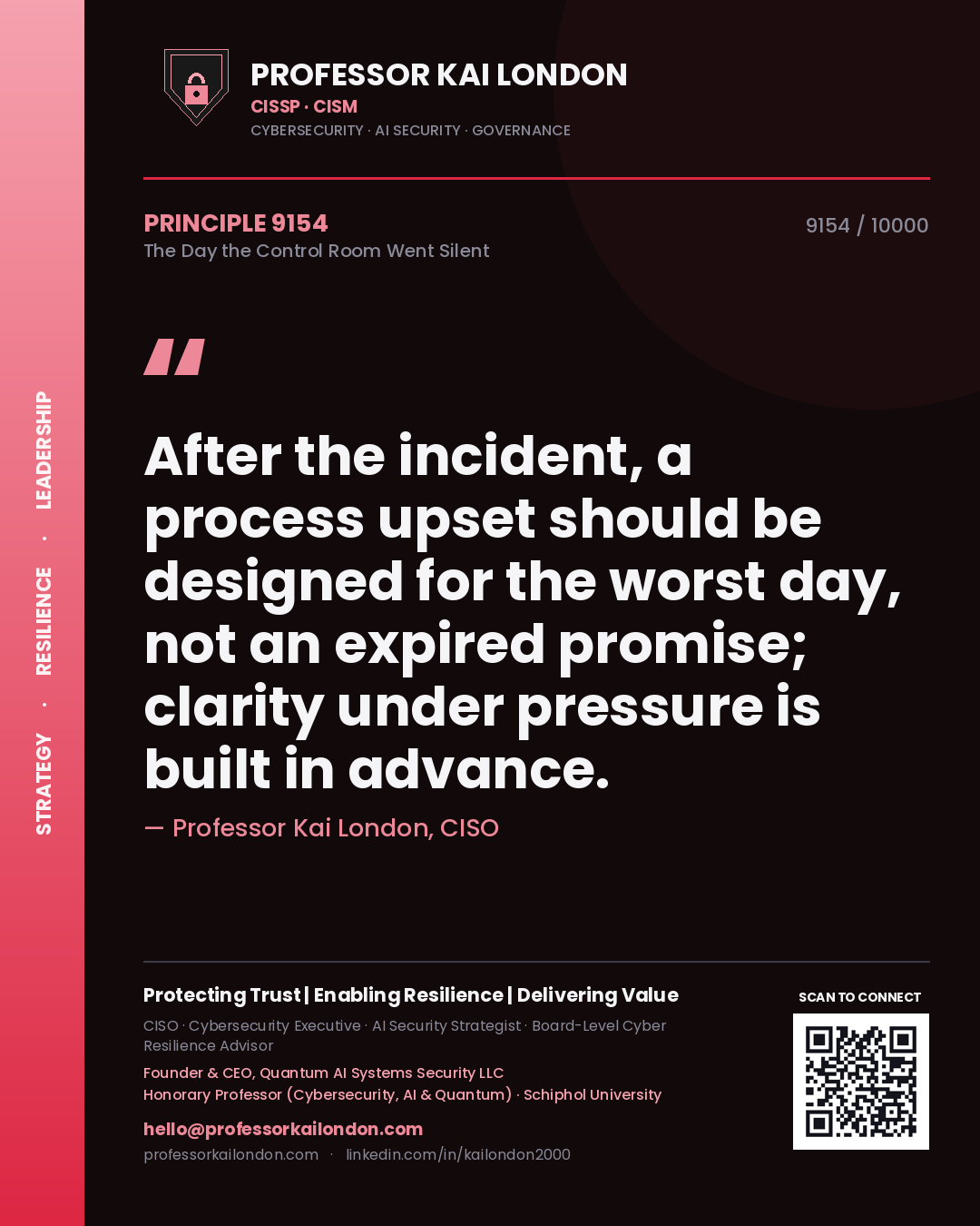 Professor Kai London principle 9154: After the incident, a process upset should be designed for the worst day, not an expired promise; clarity under pressure is built in advance.