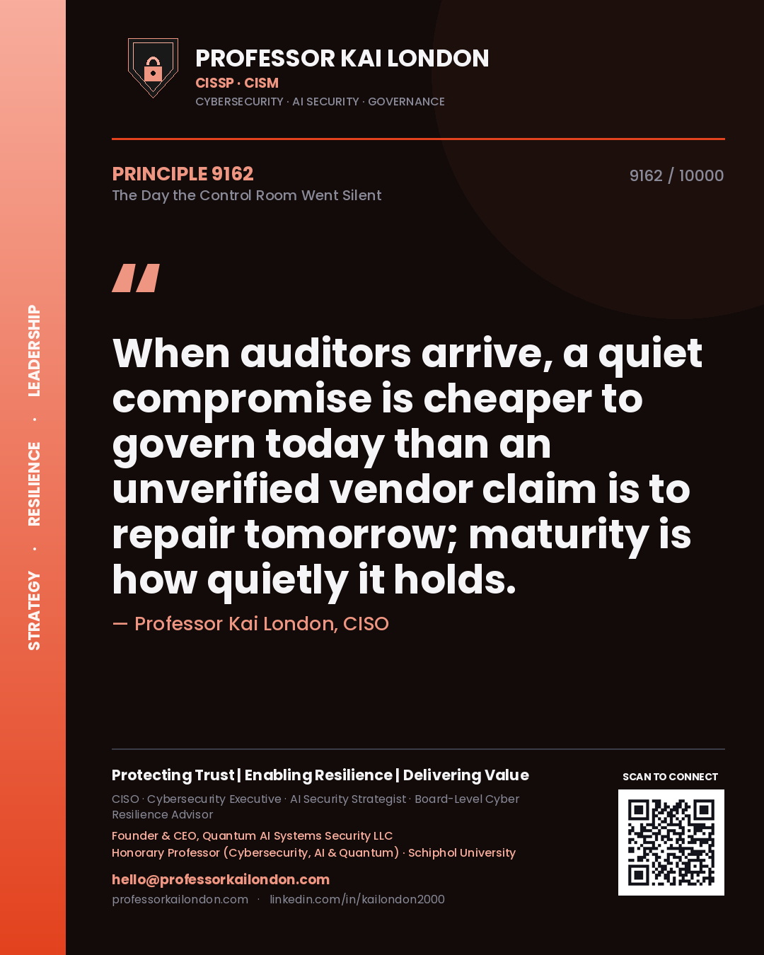 Professor Kai London principle 9162: When auditors arrive, a quiet compromise is cheaper to govern today than an unverified vendor claim is to repair tomorrow; maturity is how quietly it holds.