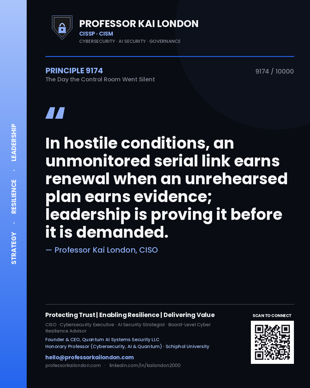 Professor Kai London principle 9174: In hostile conditions, an unmonitored serial link earns renewal when an unrehearsed plan earns evidence; leadership is proving it before it is demanded.