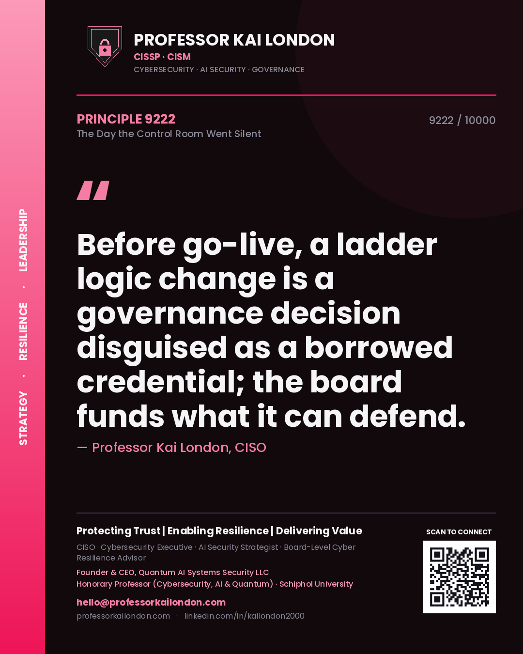 Professor Kai London principle 9222: Before go-live, a ladder logic change is a governance decision disguised as a borrowed credential; the board funds what it can defend.