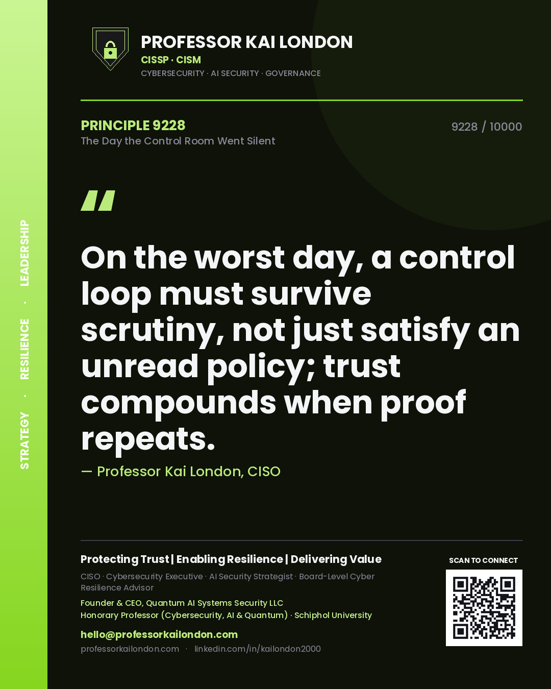 Professor Kai London principle 9228: On the worst day, a control loop must survive scrutiny, not just satisfy an unread policy; trust compounds when proof repeats.