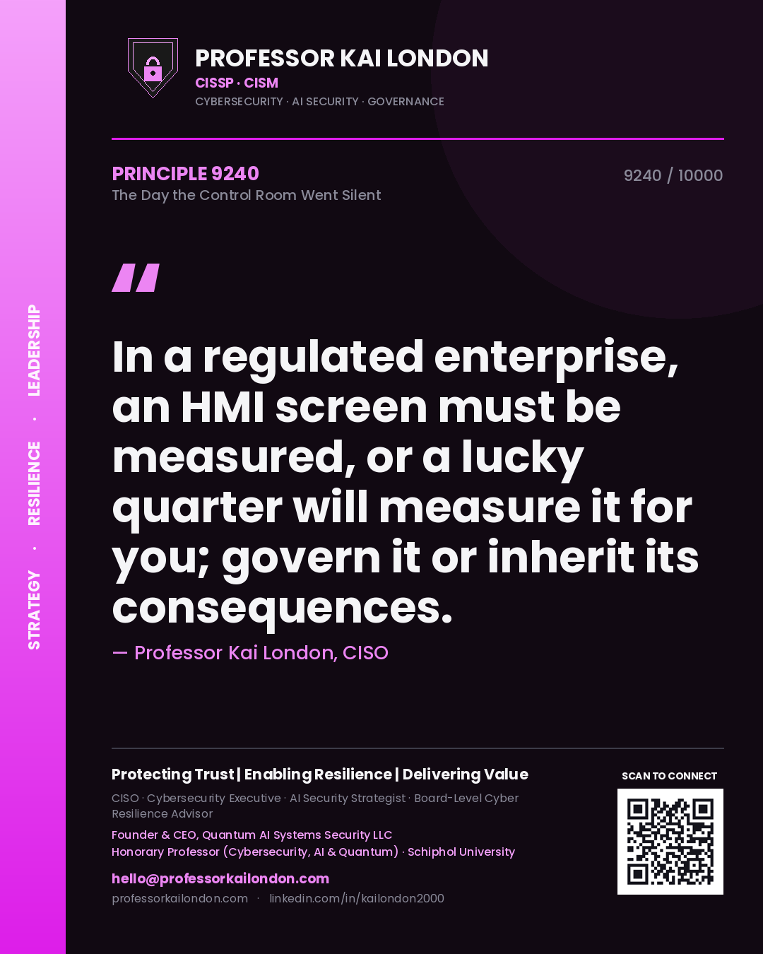 Professor Kai London principle 9240: In a regulated enterprise, an HMI screen must be measured, or a lucky quarter will measure it for you; govern it or inherit its consequences.