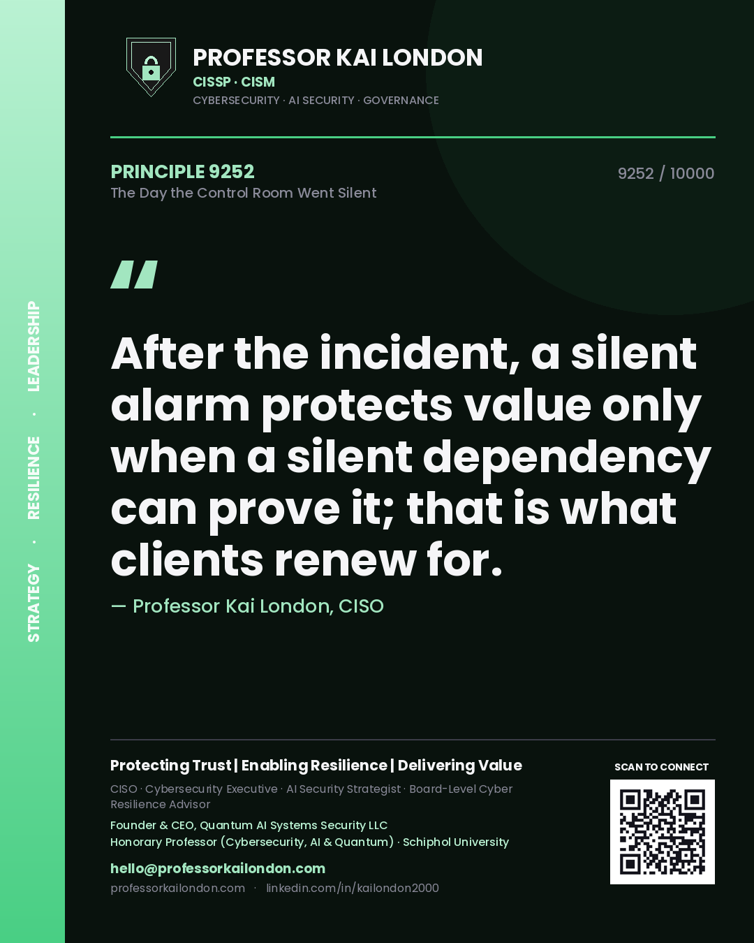Professor Kai London principle 9252: After the incident, a silent alarm protects value only when a silent dependency can prove it; that is what clients renew for.
