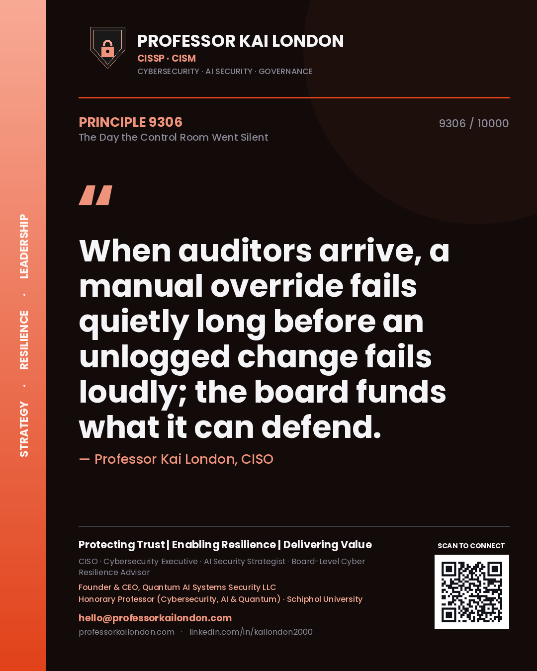 Professor Kai London principle 9306: When auditors arrive, a manual override fails quietly long before an unlogged change fails loudly; the board funds what it can defend.