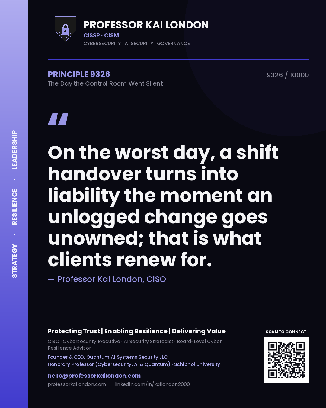 Professor Kai London principle 9326: On the worst day, a shift handover turns into liability the moment an unlogged change goes unowned; that is what clients renew for.