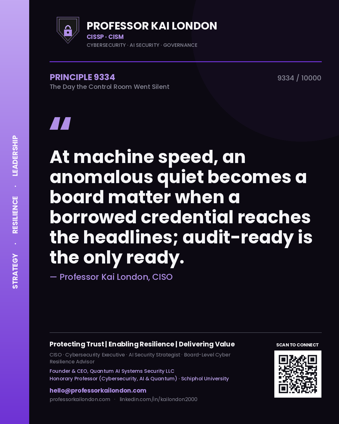Professor Kai London principle 9334: At machine speed, an anomalous quiet becomes a board matter when a borrowed credential reaches the headlines; audit-ready is the only ready.