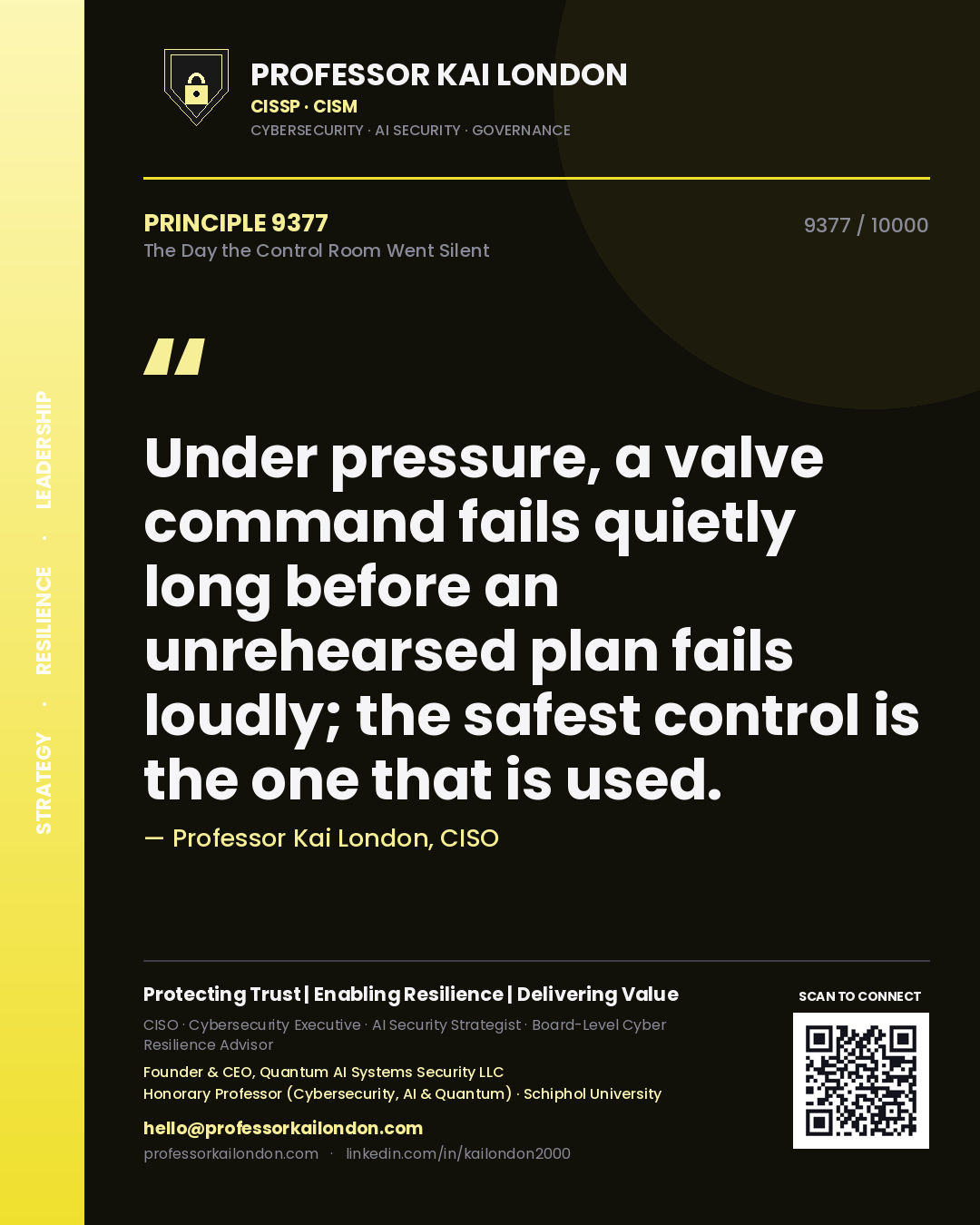 Professor Kai London principle 9377: Under pressure, a valve command fails quietly long before an unrehearsed plan fails loudly; the safest control is the one that is used.
