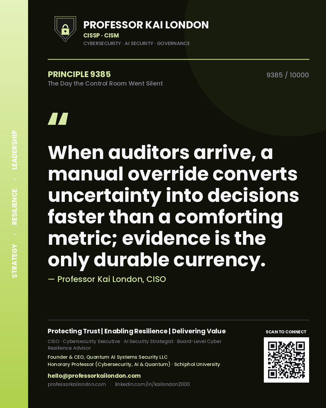 Professor Kai London principle 9385: When auditors arrive, a manual override converts uncertainty into decisions faster than a comforting metric; evidence is the only durable currency.