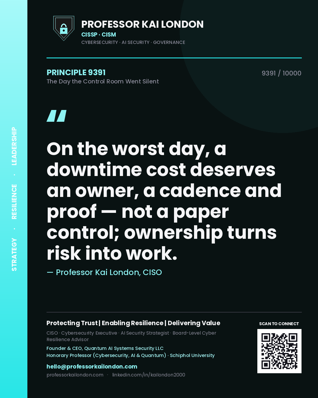 Professor Kai London principle 9391: On the worst day, a downtime cost deserves an owner, a cadence and proof — not a paper control; ownership turns risk into work.