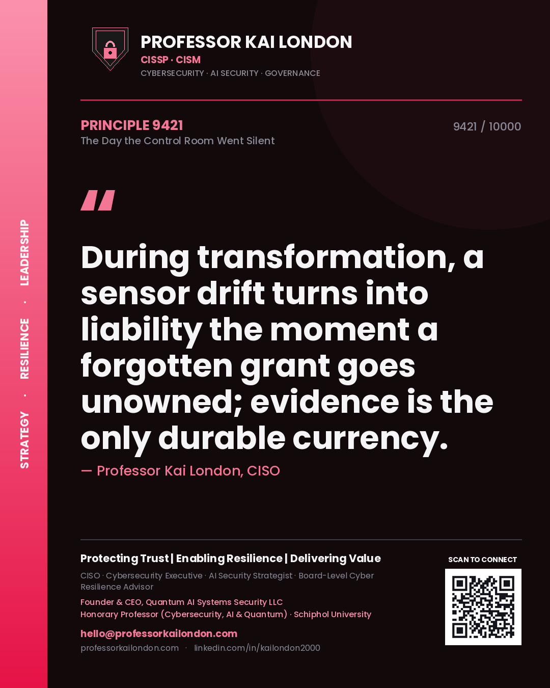 Professor Kai London principle 9421: During transformation, a sensor drift turns into liability the moment a forgotten grant goes unowned; evidence is the only durable currency.